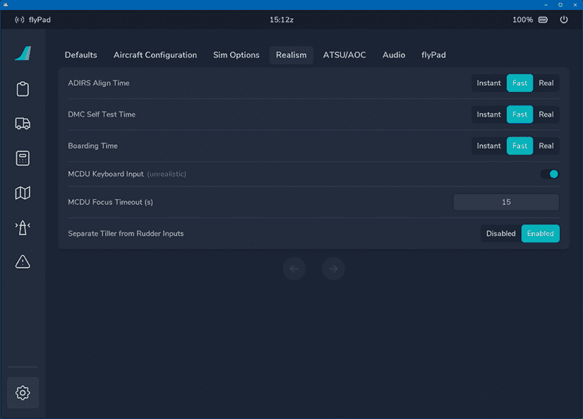 flyPad Settings Sim Options Tiller